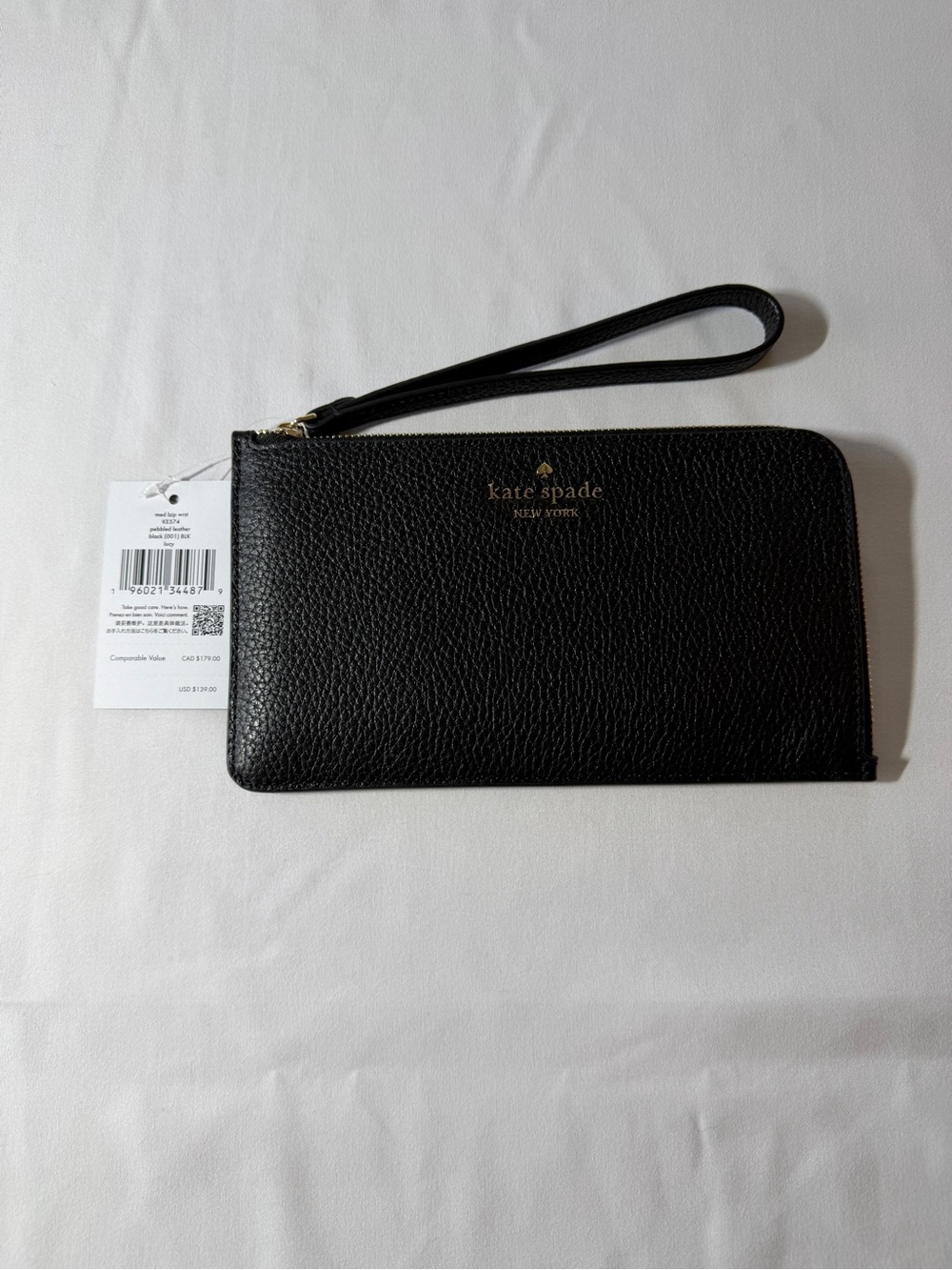 kate spade Black Pebbled Leather L Zip Wristlet Wallet NWT